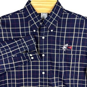 Brooks Brothers Mens Regent Non-Iron Shirt L Navy Blue Windowpane Shark Logo